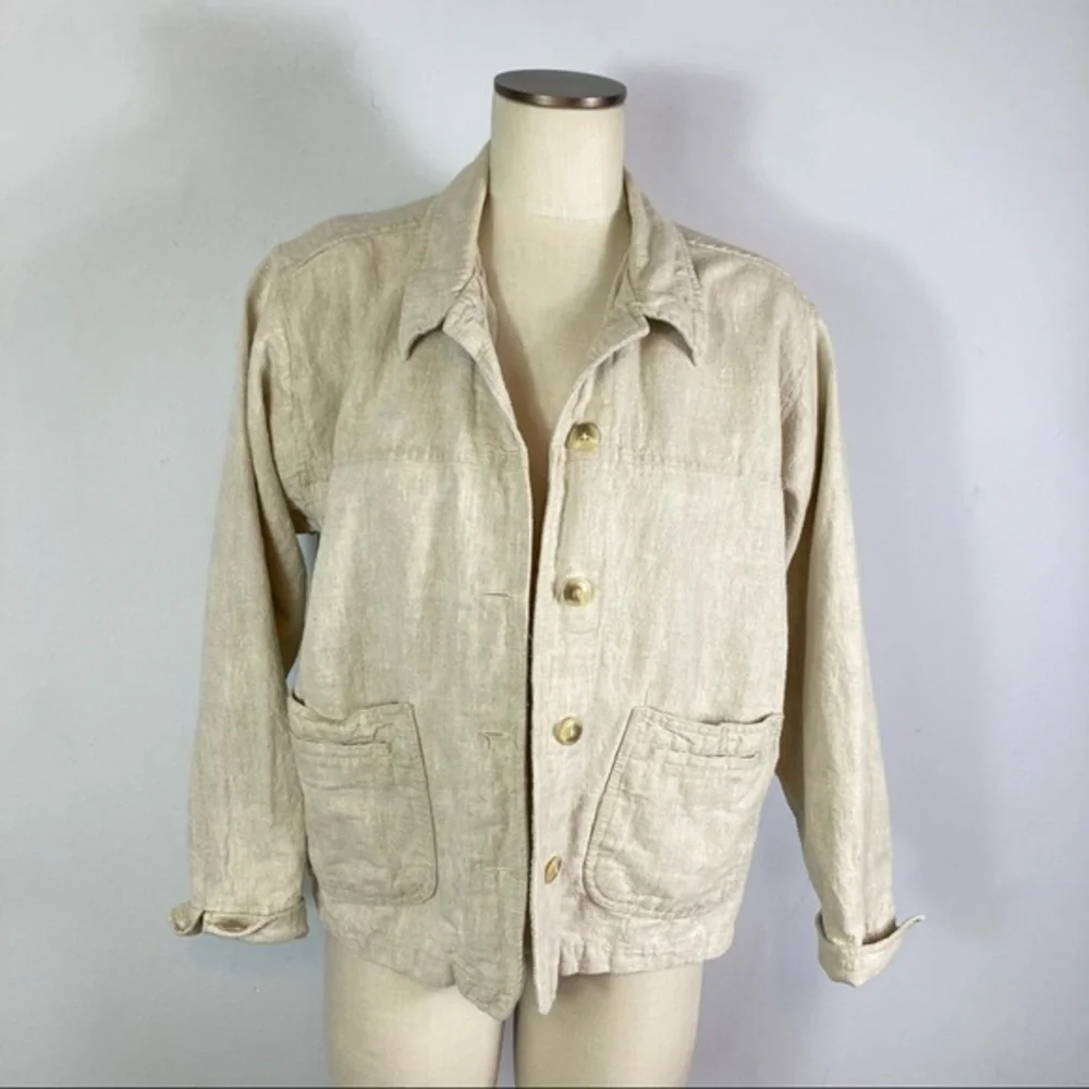 Vintage Linen Cotton Blend Chore Coat Jacket Natural Beige Khaki Size Large